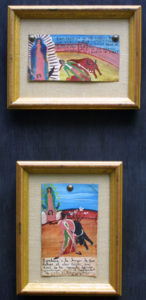 Ex-voto: “Gratitude After Surviving Bull Fights” (pair of paintings) on top dated dated January 1, 1933 and on bottom dated September 15, 1945 by anonymous Mexican artists oil paint on tin with ink 3.75” x 6.25” & 6.25” x 3.25” mounted on linen in gold leaf frames $900 for pair #11765