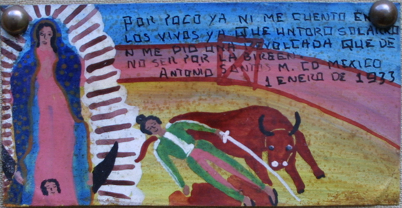 horizontal Ex-voto: “Gratitude After Surviving Bull Fights” (pair of paintings) on top dated dated January 1, 1933 and on bottom dated September 15, 1945 by anonymous Mexican artists oil paint on tin with ink 3.75” x 6.25” & 6.25” x 3.25” mounted on linen in gold leaf frames $900 for pair #11765 