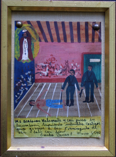 Framed Ex-voto: “Gratitude To St. Francis Of Assisi For Survival Of Being Wrongly Accused” dated 1940 by anonymous Mexican artist oil paint on tin with ink 8” x 6” mounted on linen in gold leaf frame $450 #11766