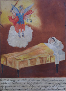 Ex-voto: “Gratitude To St. Migel For Healing from Pneumonia” dated January 17, 1897 by anonymous Mexican artist 11” x 8” mounted on linen in gold leaf frame $ 1200 #11767