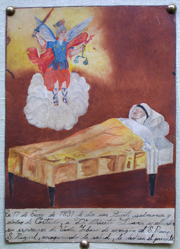 in mounting Ex-voto: “Gratitude To St. Migel For Healing from Pneumonia” dated January 17, 1897 by anonymous Mexican artist 11” x 8” mounted on linen in gold leaf frame $ 1200 #11767