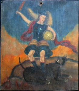 Retablo: "St. Michael Slaying the Dragon" by anonymous Mexican artist oil paint on tin 12.75" x 11" $1000 #11770