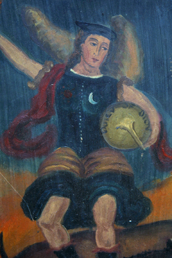 detail Retablo: "St. Michael Slaying the Dragon" by anonymous Mexican artist oil paint on tin 12.75" x 11" $1000 #11770 