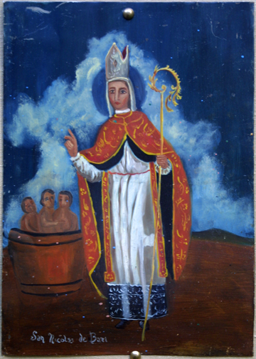 Retablo: "St Nicolas" by anonymous Mexican artist oil paint on tin 1275" x 11" $1000 #11770