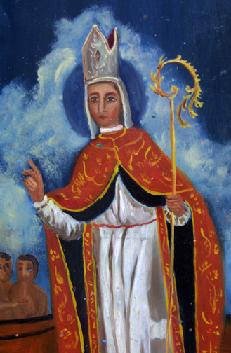 detail Retablo: "St Nicolas" by anonymous Mexican artist oil paint on tin 1275" x 11" $1000 #11770