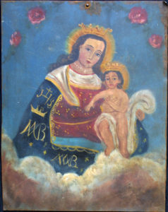 Retablo: Virgin with Baby Jesus" by anonymous Mexican artist oil paint on tin 12" x 10" $600 #11772