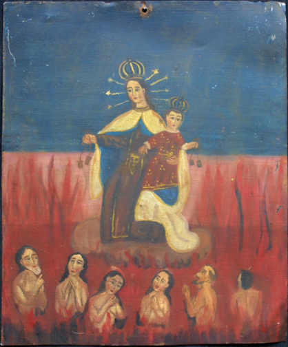 Retablo: "Virgin and Child with Six in Hell"  by anonymous Mexican artist  oil paint on tin  14" x 11.5"   $700  #11774