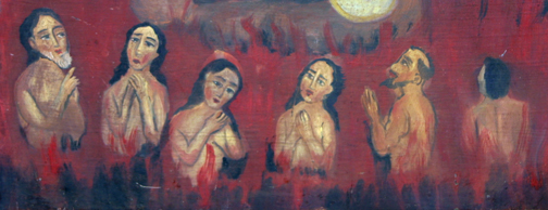 detail Retablo: "Virgin and Child with Six in Hell"  by anonymous Mexican artist  oil paint on tin  14" x 11.5"   $700  #11774