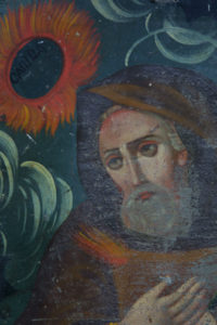 detail detail Retablo: "St. Canira with Sunflowers" by anonymous Mexican artist oil paint on tin in gold leaf frame 16.5" x 12" $700 #11775
