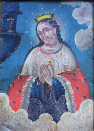 Retablo: "Virgin In Crown and Stars" by anonymous Mexican artist oil paint on tin in gold leaf frame 16.5" x 12.75" $1200 #11776