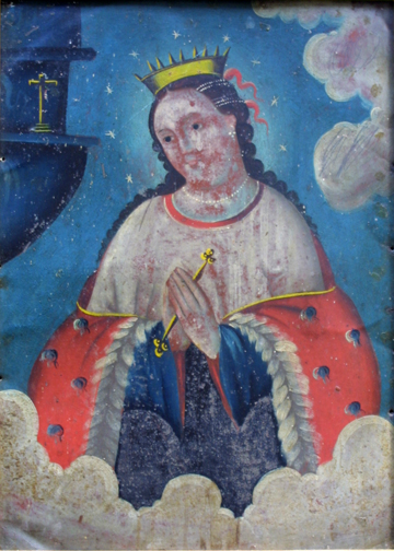 detail Retablo: "Virgin In Crown and Stars" by anonymous Mexican artist oil paint on tin in gold leaf frame 16.5" x 12.75" $1200 #11776