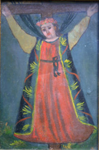 Retablo: "Saint on Cross" early 1900s by anonymous Mexican artist oil paint on tin 10.5" x 7.5" $600 #11777