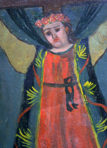 detail Retablo: "Saint on Cross"  early 1900s by anonymous Mexican artist  oil paint on tin  10.5" x 7.5"  $600  #11777