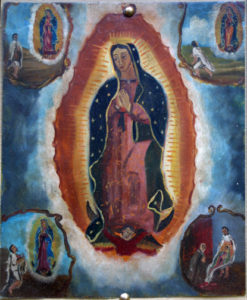 Retablo: "Miracle of the Cloak -Virgin of Guadalupe Appearing to Juan Diego" late 1800s by anonymous Mexican artist oil paint on tin 12.5" x 10" in gold leaf frame $1200 #11779