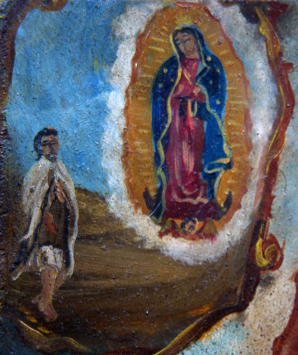 detail Retablo: "Miracle of the Cloak -Virgin of Guadalupe Appearing to Juan Diego" late 1800s by anonymous Mexican artist oil paint on tin 12.5" x 10" in gold leaf frame $1200 #11779