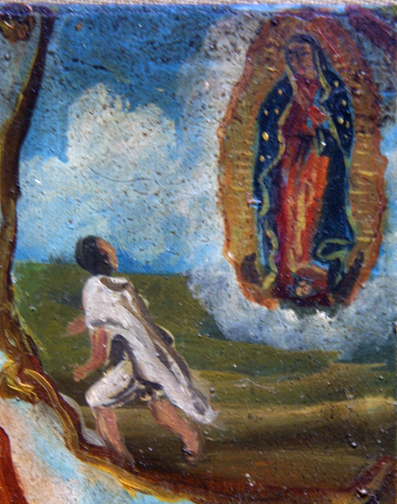 detail Retablo: "Miracle of the Cloak -Virgin of Guadalupe Appearing to Juan Diego" late 1800s by anonymous Mexican artist oil paint on tin 12.5" x 10" in gold leaf frame $1200 #11779