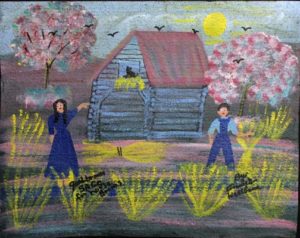 Painting of a man and a woman outside a house surrounded by flowering trees