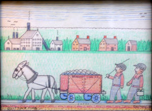 "Quitting Time...1920" dted 1987 by Jack Savitsky ink, crayon on paper framed in original rustic wood frame 8.5" x 11.5" $560 #11504