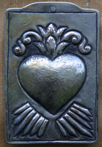 Saved from Heart Disease one of 9 silver milagros, 19th Century Peru solid silver $5400 for group of 9 mounted on raw silk in brown ornate frame #11865