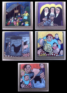 "Original paintings for book-How Did They Get It In the Can?" by Hope Atkinson acrylic on paper each 8" x 7" Each framed with archival white mat in black frame set of 5 $900 #4891