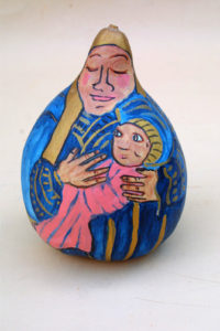 "Mother and Child" (gourd) by Hope Atkinson acrylic paint on found object gourd 8" x 7" x 7" $300 #5784