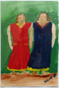 "Two Sisters" c. 1990 by Woodie Long acrylic on paper 11" x 7.5" matted, white frame $420 #11914