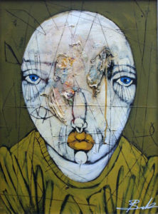 Painting of a person with lines and stitches on their face