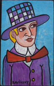 A painting of man with red bow tie and hat