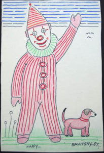 A painting of the happy the clown with dog