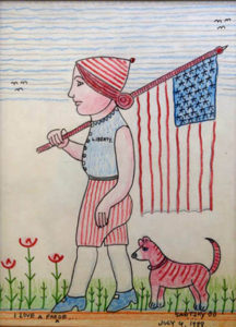 A painting of a boy holding the flag and walking