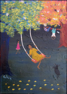 "Swinging" dated 1998 by Sharon Johnson  acrylic on canvas  14" x 10"  in black frame $300  #11417