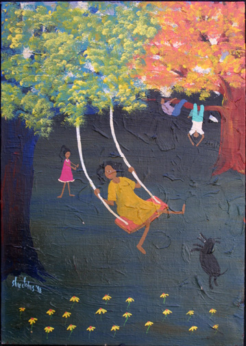 "Swinging" dated 1998 by Sharon Johnson acrylic on canvas 14" x 10" in black frame $300 #11417