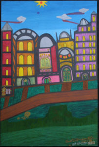 A painting of a city with buildings and a sun.