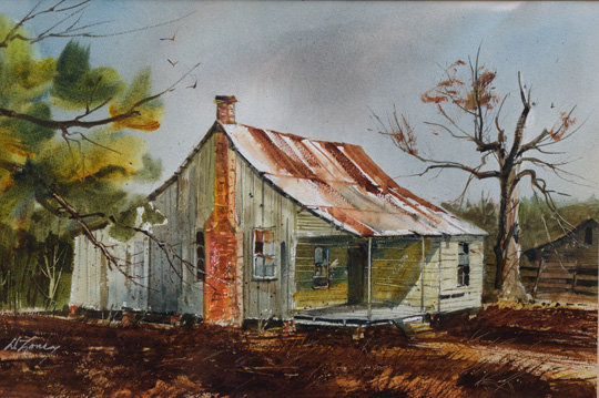 A watercolor painting of an old house with a tin roof.