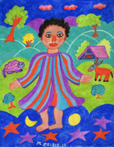 Painting of a child standing in water with stars and the moon reflected on it