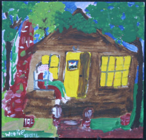 Painting of a house with two people on the porch (by Woodie Long)