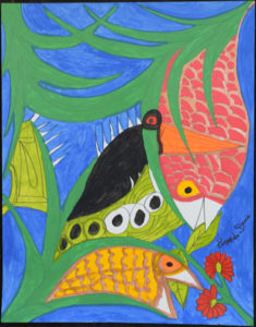 A painting of the fishes swimming deep