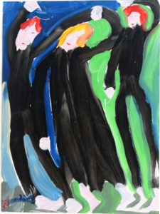 Painting of three people dancing in black clothes (by Woodie Long)