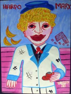 Painting of a blonde man in a white suit
