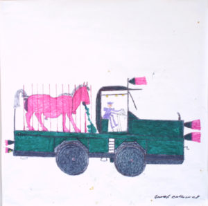 Painting of a pickup truck with a pink horse