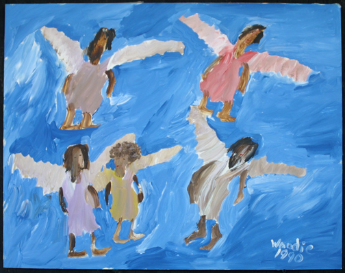 A painting of angels flying in the sky.