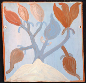 "Tree of Life" c. 1974 with wire hanger by Mose Tolliver oil paint on wood 12" x 12" $3800 #12637