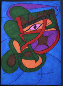 An abstract painting with a purple, orange, and green eye.