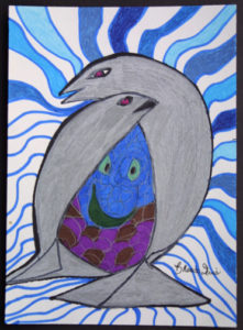 A drawing of a dolphin on a blue background.