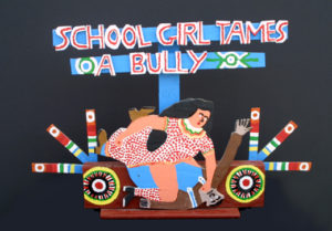 “School Girl Tames A Bully” 1987 by James Harold Jennings (unsigned) oil paint on wooden construction - 12660