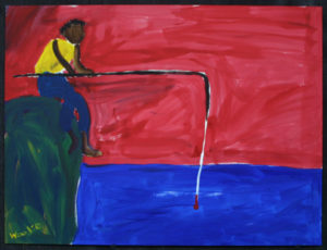 Painting of a man fishing (by Woodie Long)