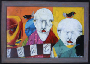 Painting of people with birds on their heads