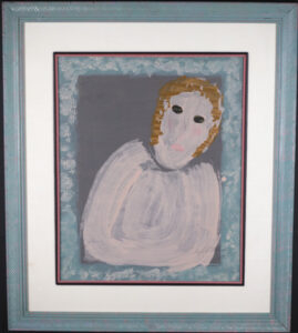 "Woman" (repaired) by Sybil Gibson gouache on paper 27" x 22" white linen mat with pink beaded filet in aqua frame with rope design $1100 #11596