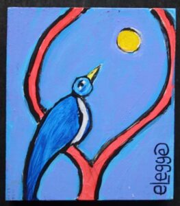 Painting of a bird on a tree branch looking at the moon