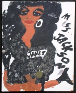 "Miss Janet Jackson/ C.C. Music Factory" dated 8/30/92 double-sided by Artist Chuckie Williams mixed media on canvas board 20" x 16" in black frame $600 #11262